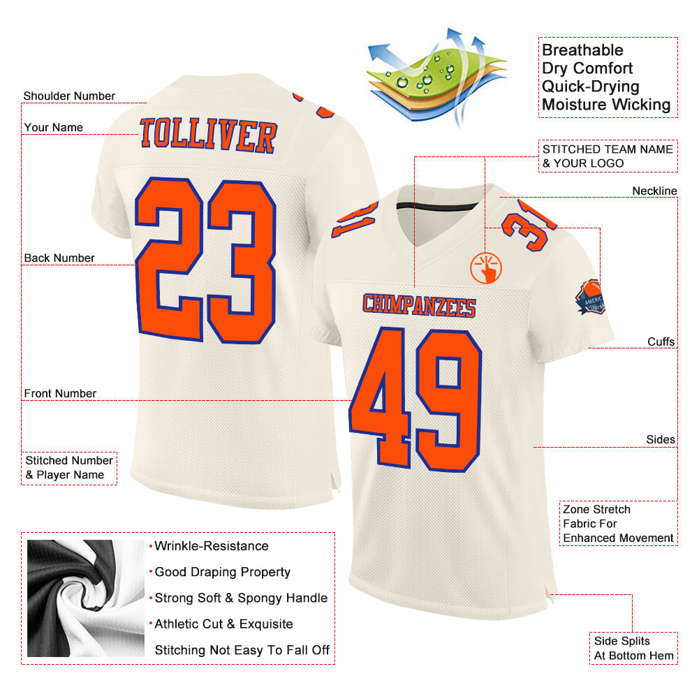 Custom Cream Orange-Royal Mesh Authentic Football Jersey