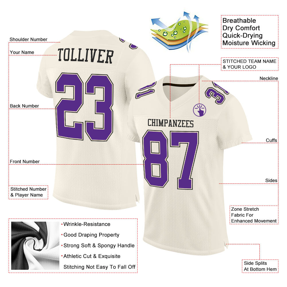 Custom Cream Purple-Black Mesh Authentic Football Jersey