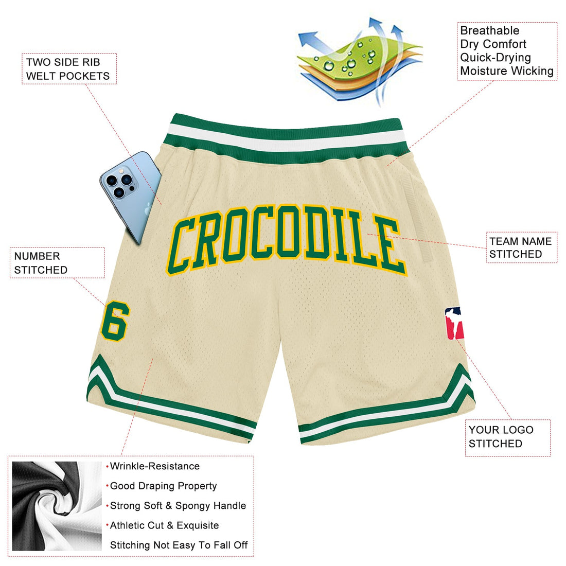 Custom Cream Kelly Green-Gold Authentic Throwback Basketball Shorts