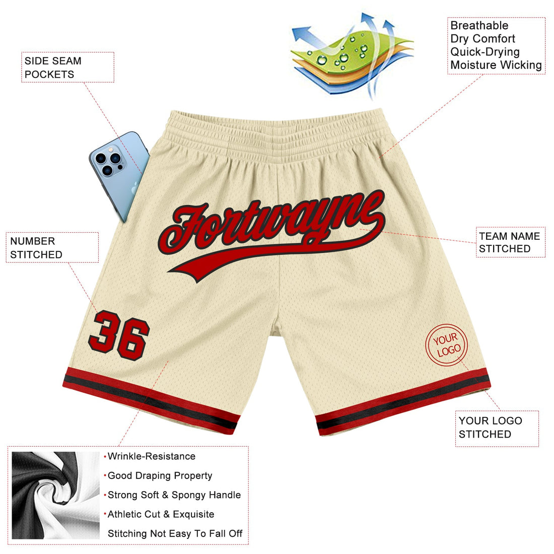 Custom Cream Red-Black Authentic Throwback Basketball Shorts