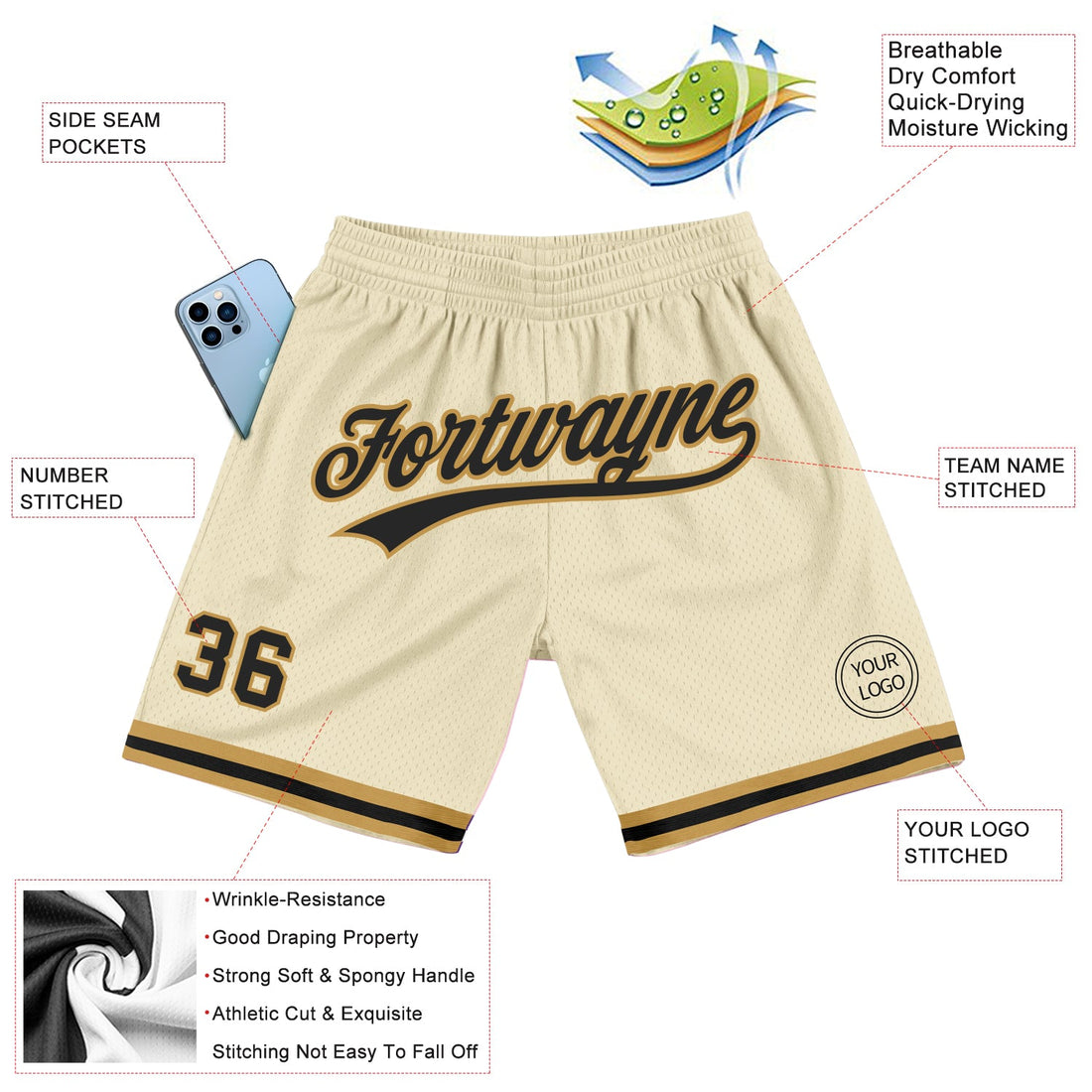 Custom Cream Black-Old Gold Authentic Throwback Basketball Shorts