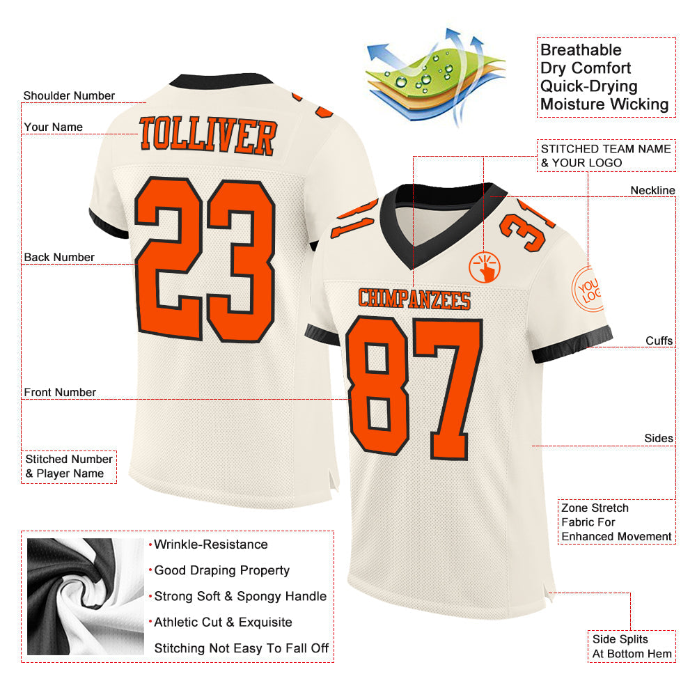 Custom Cream Orange-Black Mesh Authentic Football Jersey