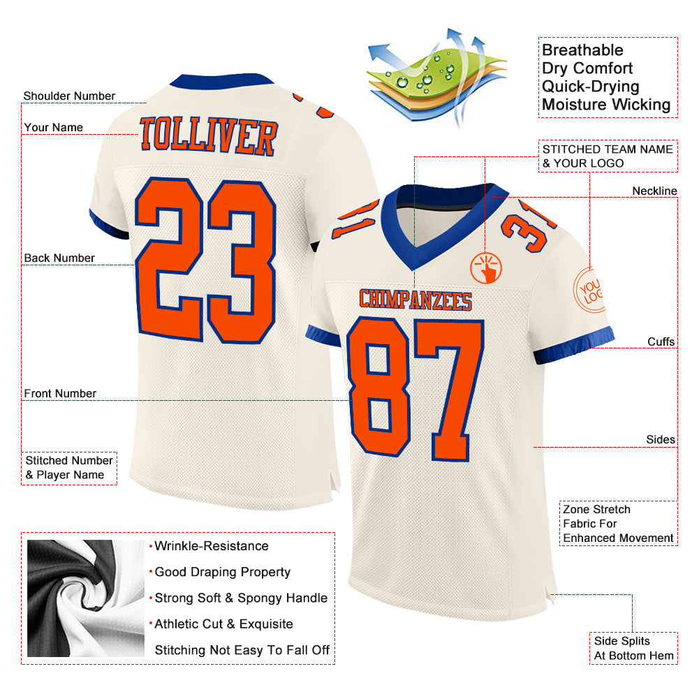 Custom Cream Orange-Royal Mesh Authentic Football Jersey