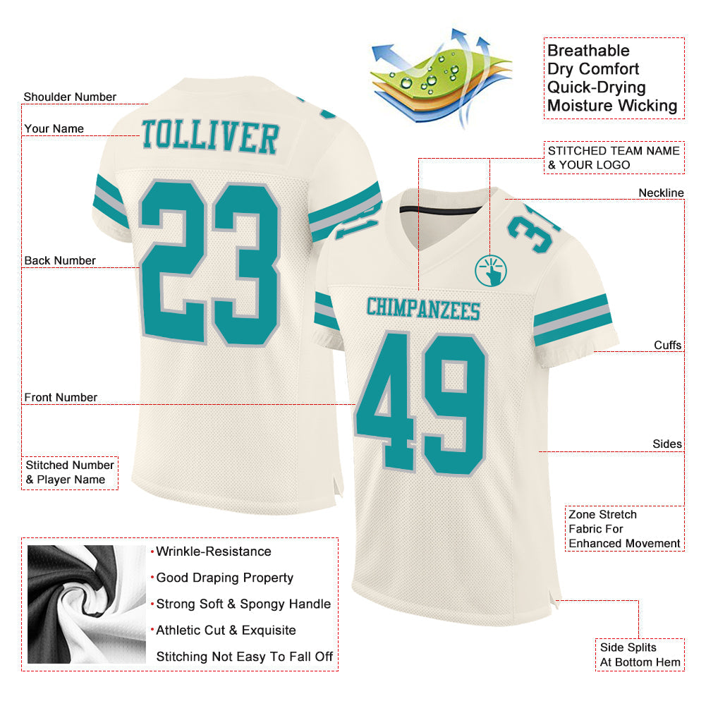 Custom Cream Teal-Gray Mesh Authentic Football Jersey