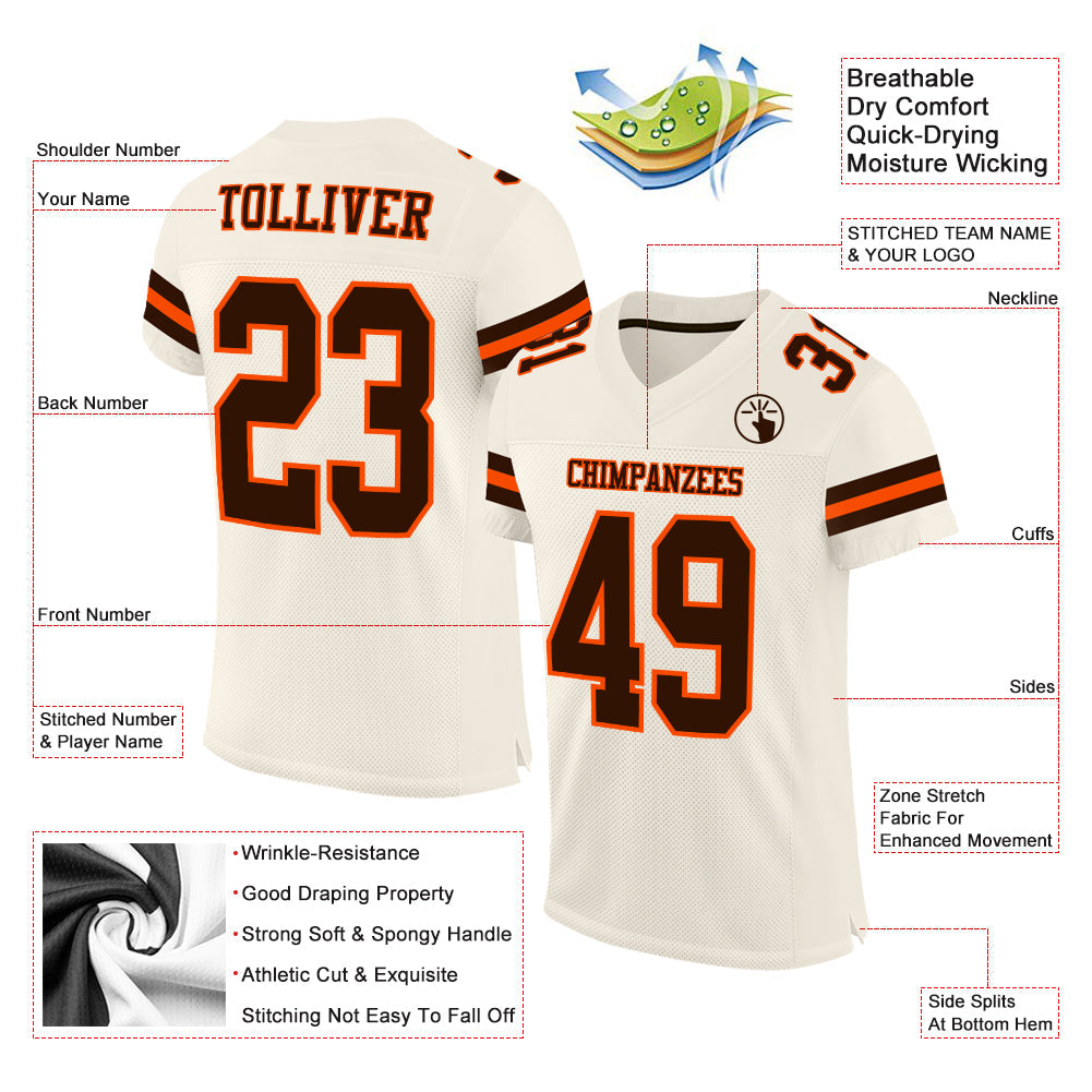 Custom Cream Brown-Orange Mesh Authentic Football Jersey