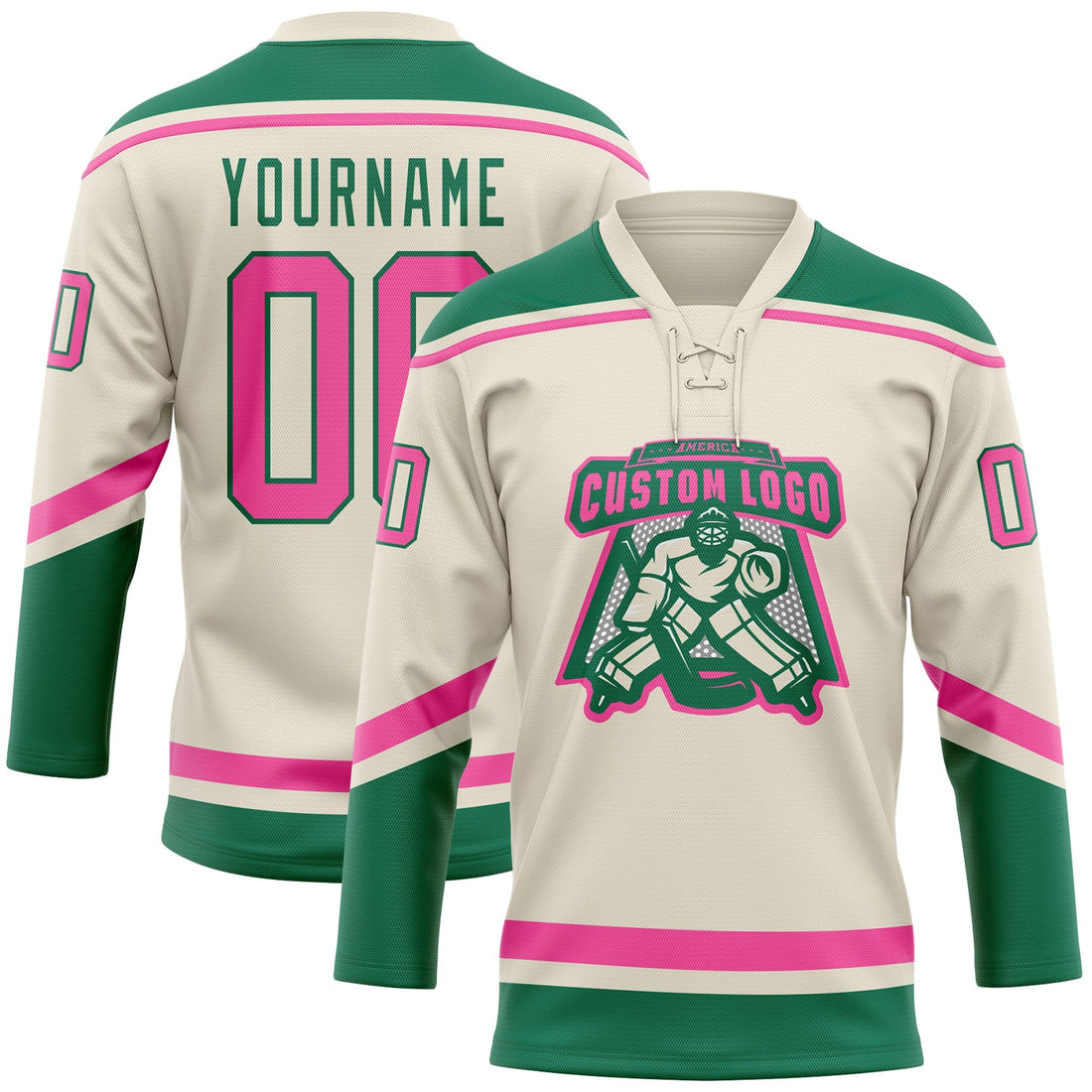 Custom Cream Pink-Kelly Green Hockey Lace Neck Jersey