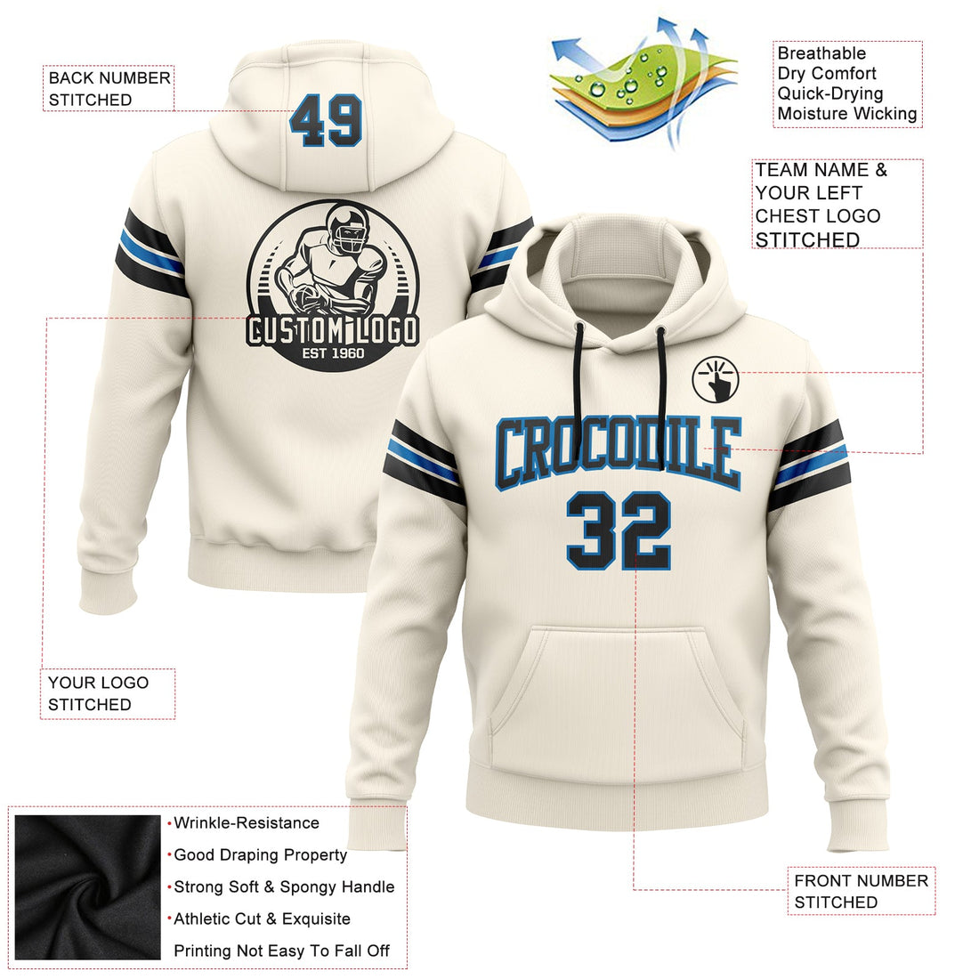 Custom Stitched Cream Black-Blue Football Pullover Sweatshirt Hoodie