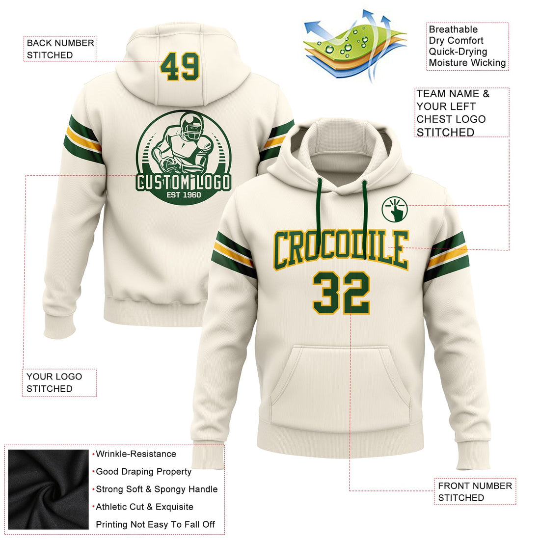 Custom Stitched Cream Green-Gold Football Pullover Sweatshirt Hoodie