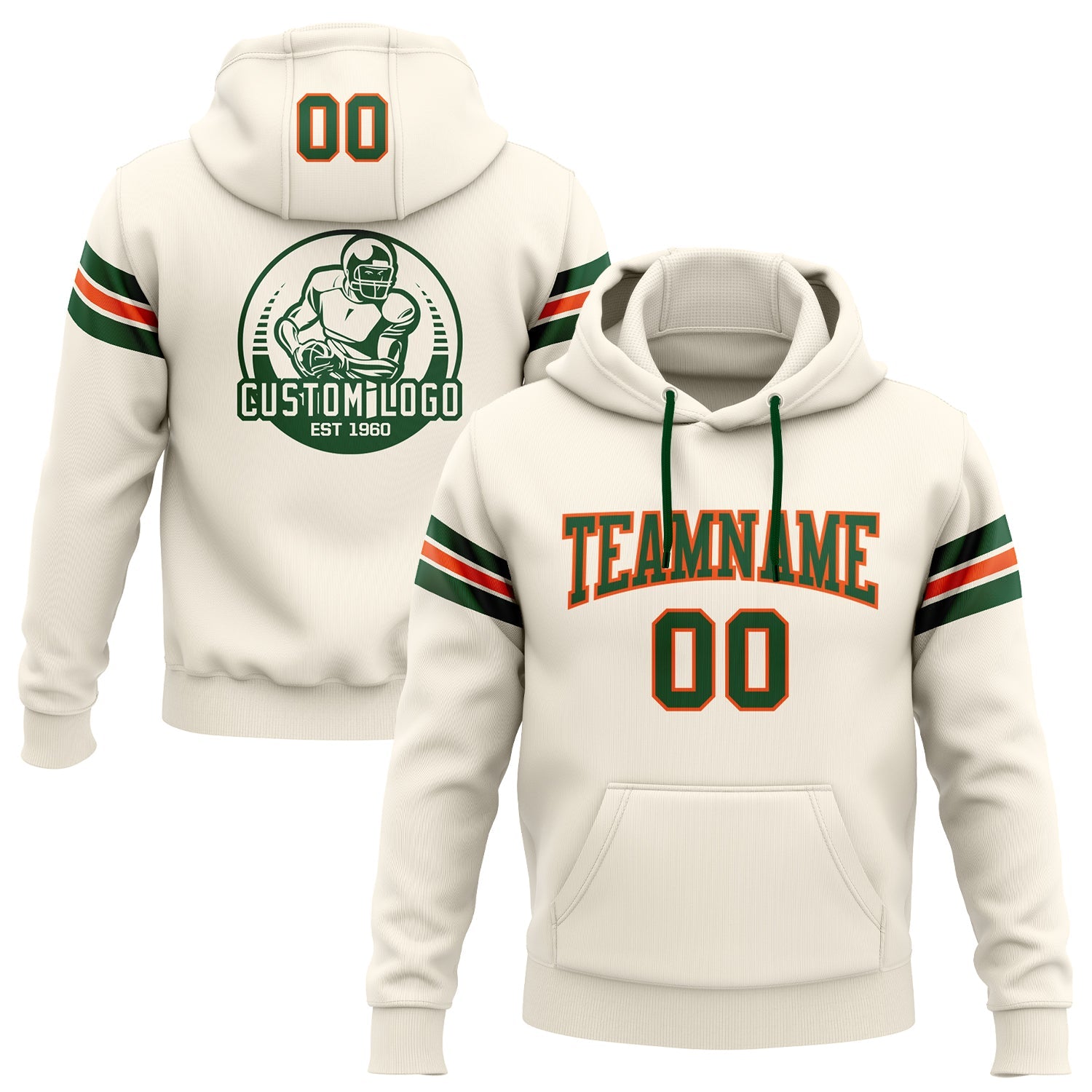 Custom Stitched Cream Green-Orange Football Pullover Sweatshirt Hoodie