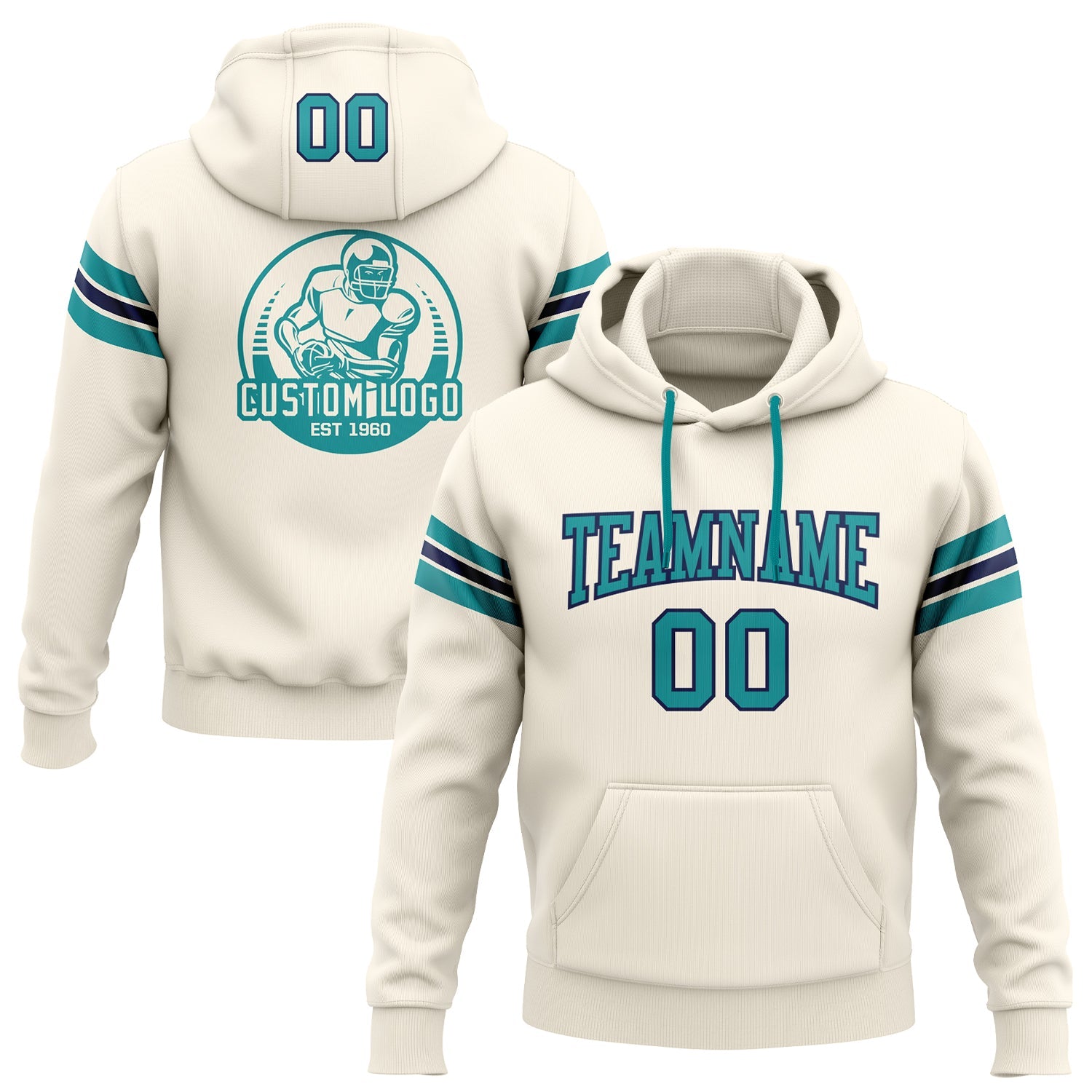 Custom Stitched Cream Teal-Navy Football Pullover Sweatshirt Hoodie