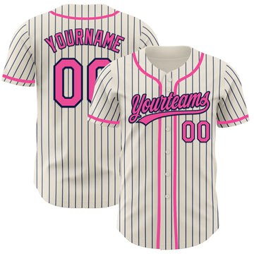 Custom Cream Navy Pinstripe Pink Authentic Baseball Jersey