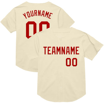 Custom Cream Red Mesh Authentic Throwback Baseball Jersey