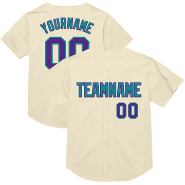 Custom Cream Purple-Teal Mesh Authentic Throwback Baseball Jersey