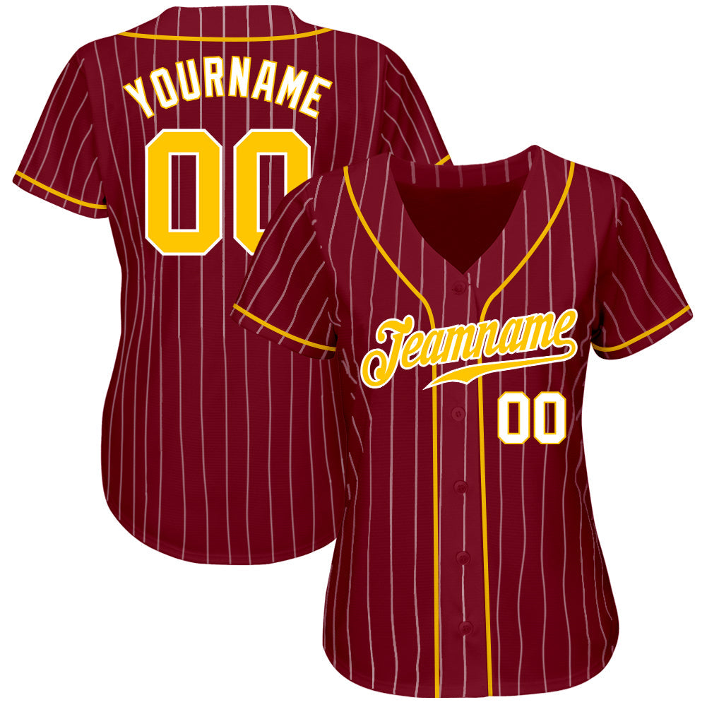 Custom Crimson White Pinstripe Gold-White Authentic Baseball Jersey