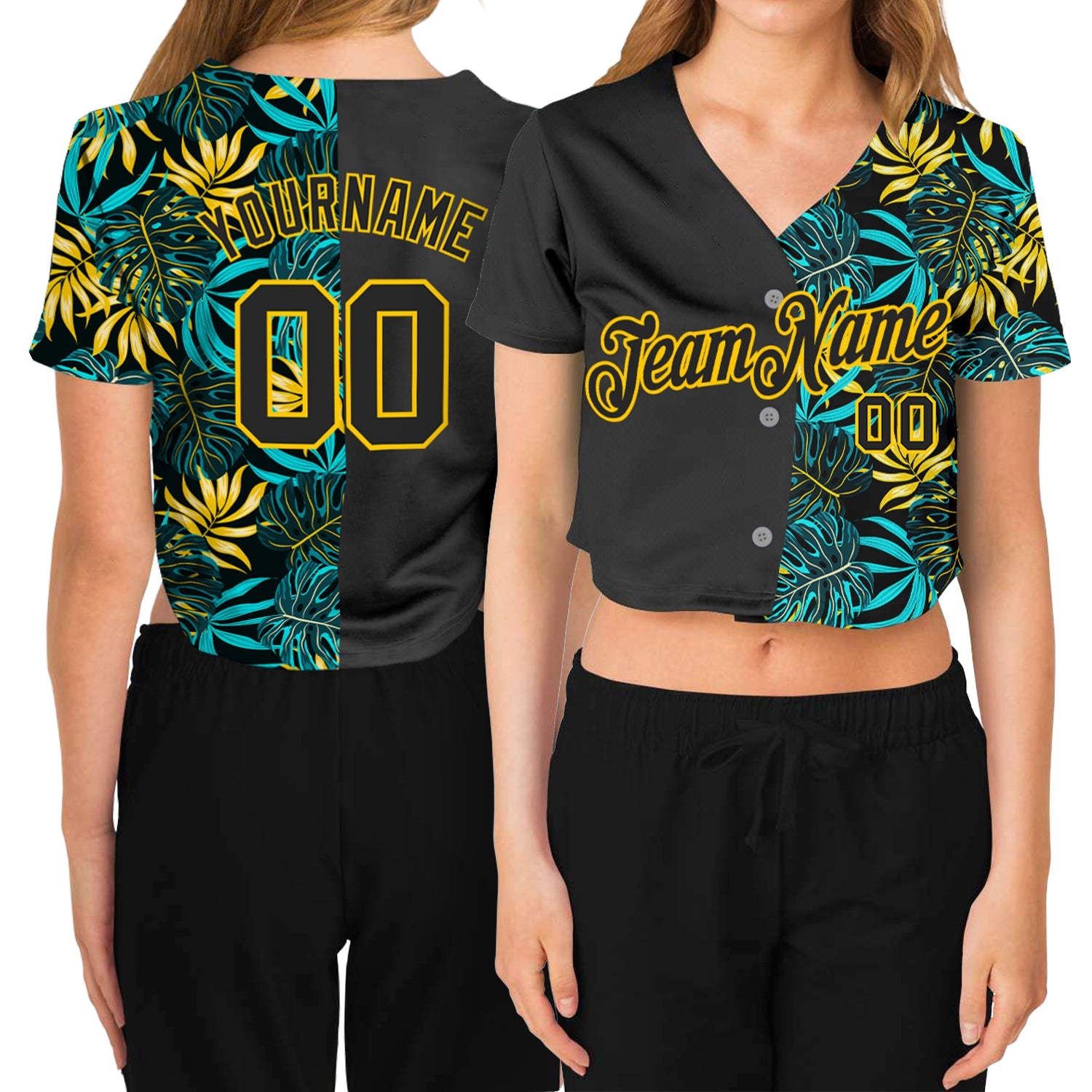 Custom Women's Black Black-Gold Tropical Palm Leaves 3D V-Neck Cropped Baseball Jersey