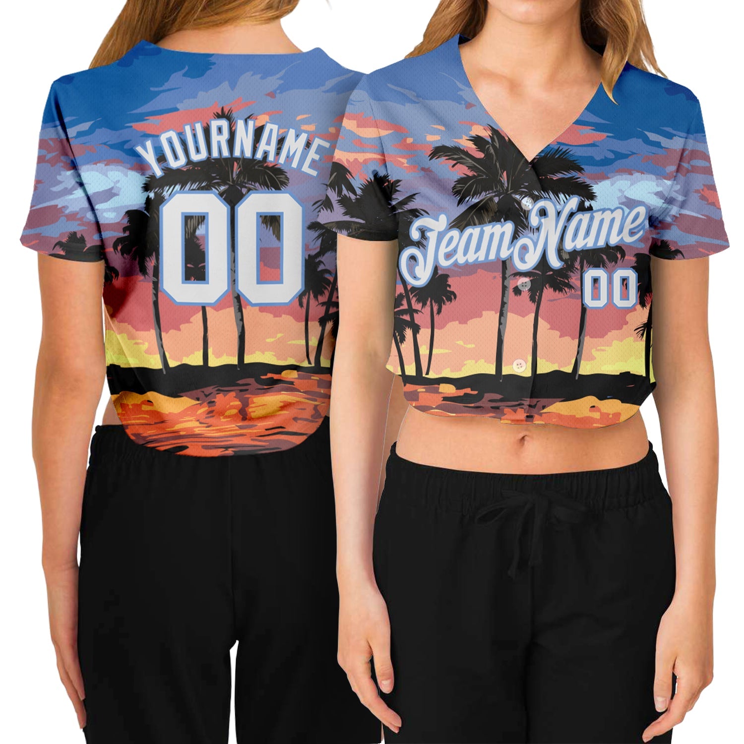 Custom Women's Light Blue White-Light Blue Hawaii Palm Trees 3D V-Neck Cropped Baseball Jersey