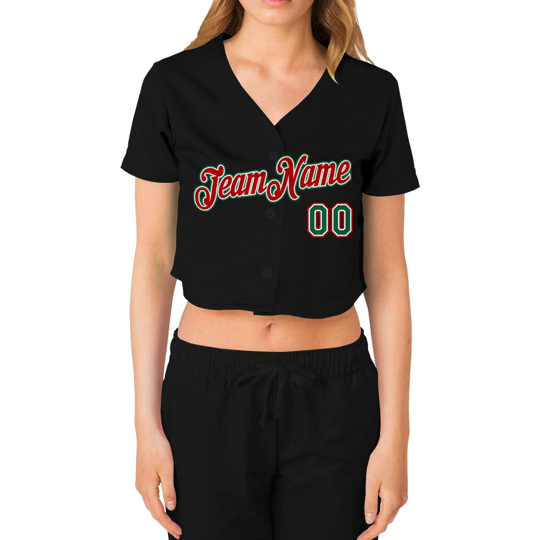 Custom Women's Black Kelly Green Red-White V-Neck Cropped Baseball Jersey