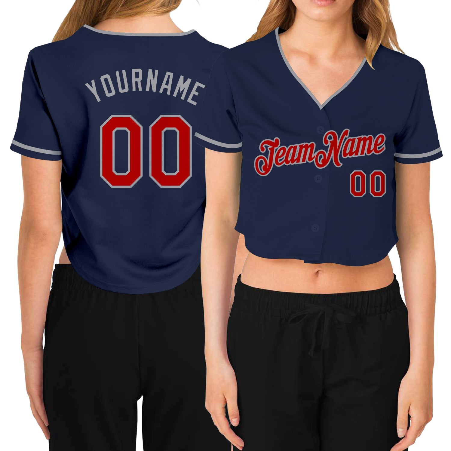 Custom Women's Navy Red-Gray V-Neck Cropped Baseball Jersey