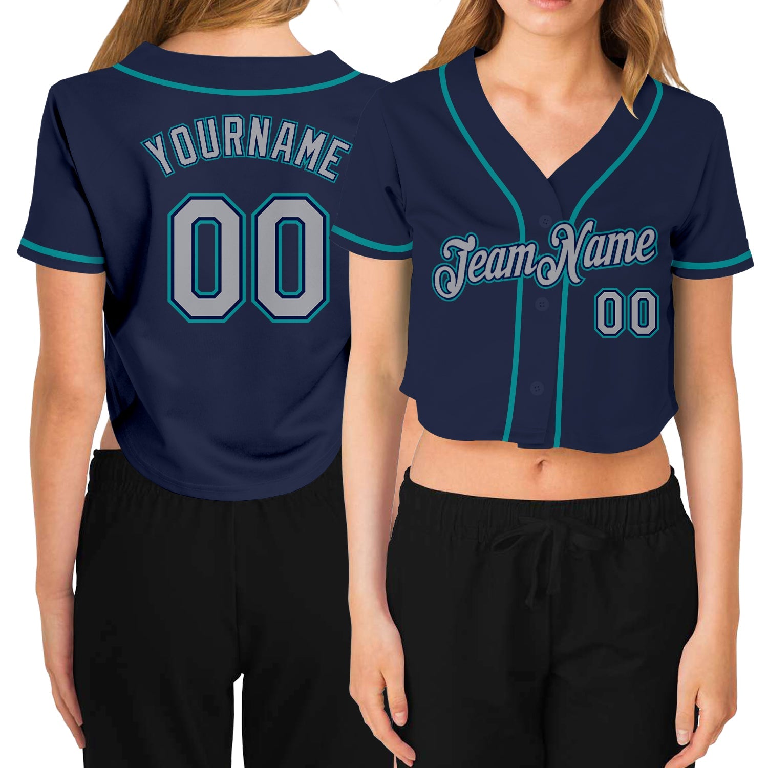 Custom Women's Navy Gray-Aqua V-Neck Cropped Baseball Jersey