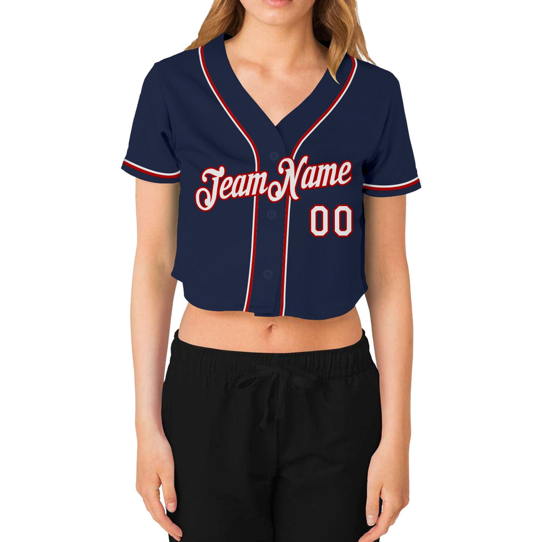 Custom Women's Navy White-Red V-Neck Cropped Baseball Jersey