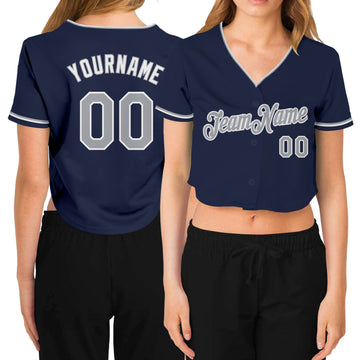 Custom Women's Navy Gray-White V-Neck Cropped Baseball Jersey