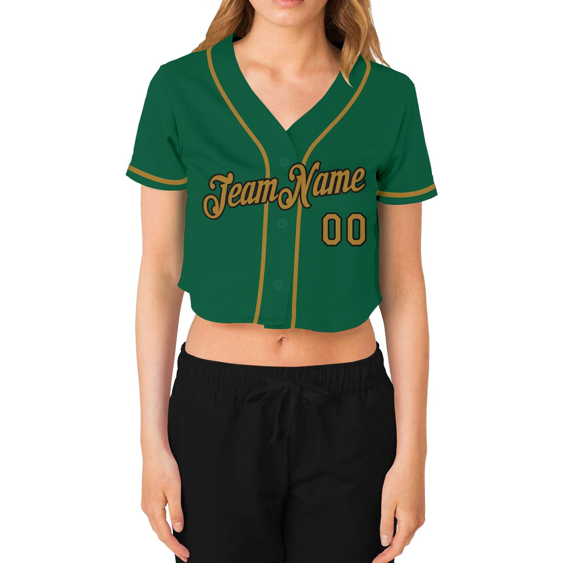 Custom Women's Kelly Green Old Gold-Black V-Neck Cropped Baseball Jersey