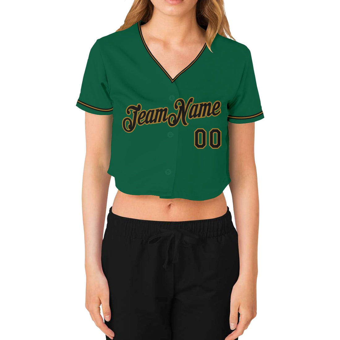 Custom Women's Kelly Green Black-Old Gold V-Neck Cropped Baseball Jersey