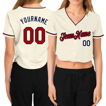 Custom Women's Cream Red-Navy V-Neck Cropped Baseball Jersey