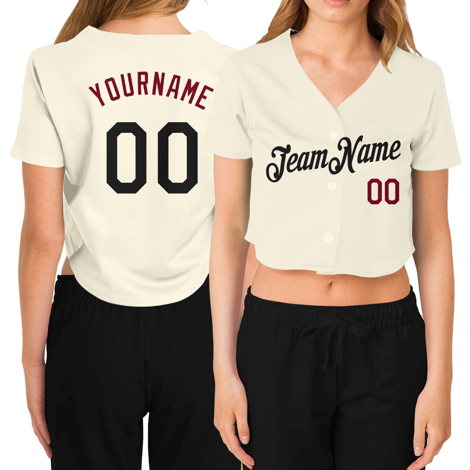 Custom Women's Cream Black-Crimson V-Neck Cropped Baseball Jersey