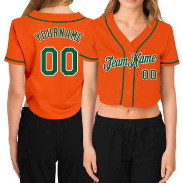 Custom Women's Orange Kelly Green-White V-Neck Cropped Baseball Jersey