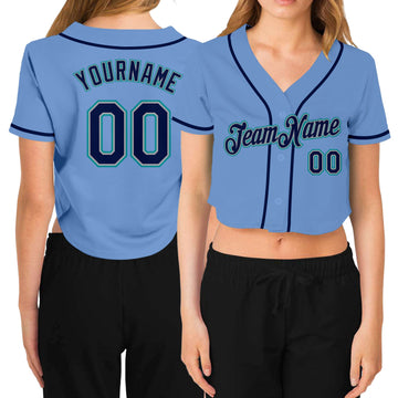 Custom Women's Light Blue Navy Gray-Aqua V-Neck Cropped Baseball Jersey