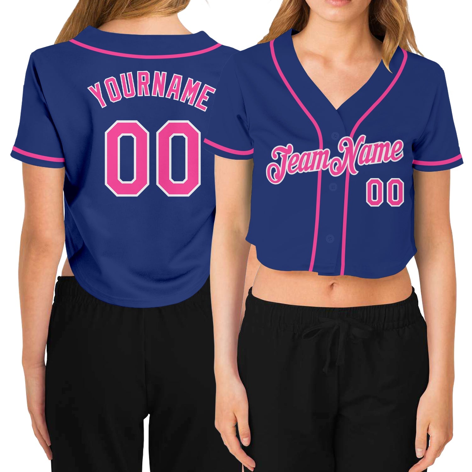 Custom Women's Royal Pink-White V-Neck Cropped Baseball Jersey