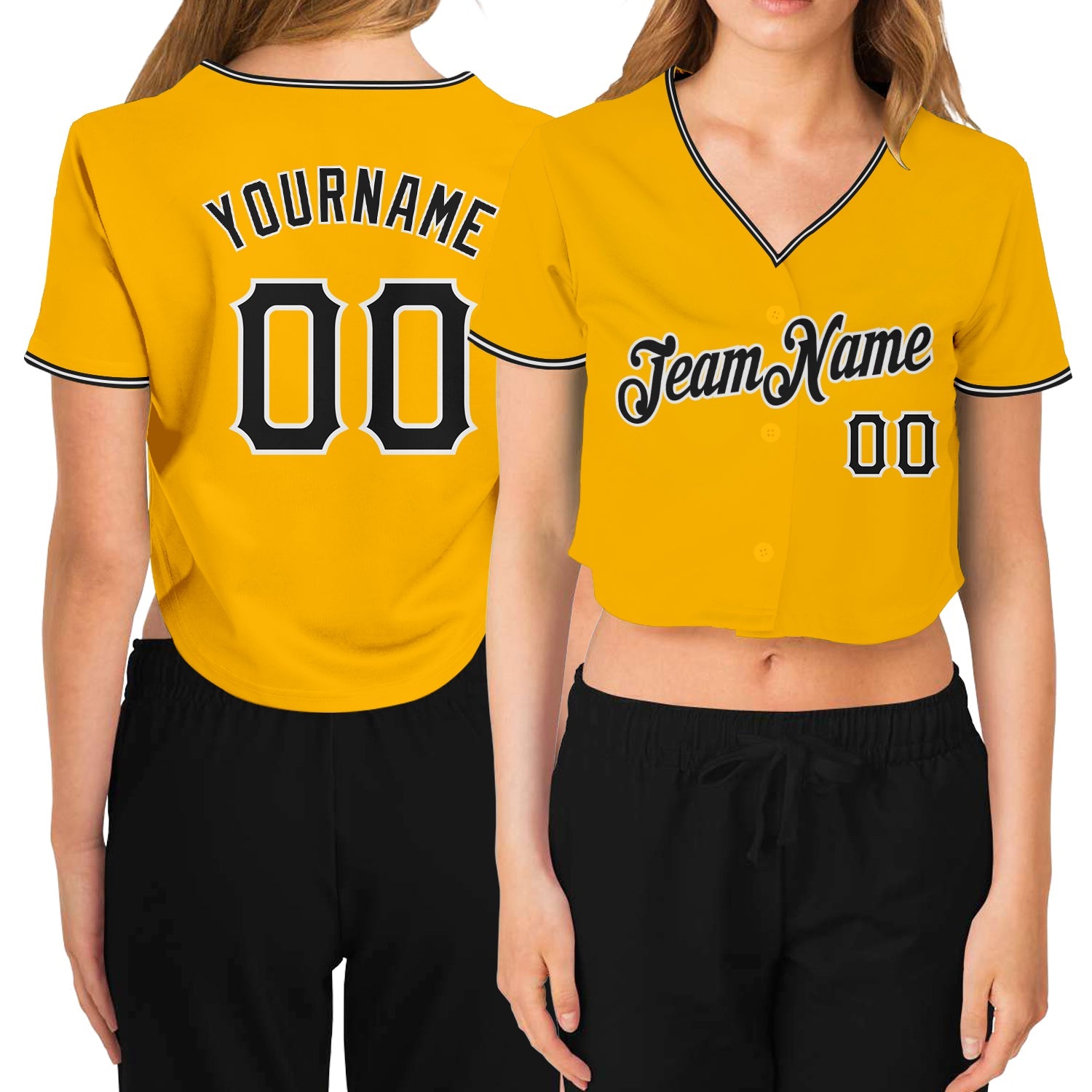 Custom Women's Gold Black-White V-Neck Cropped Baseball Jersey