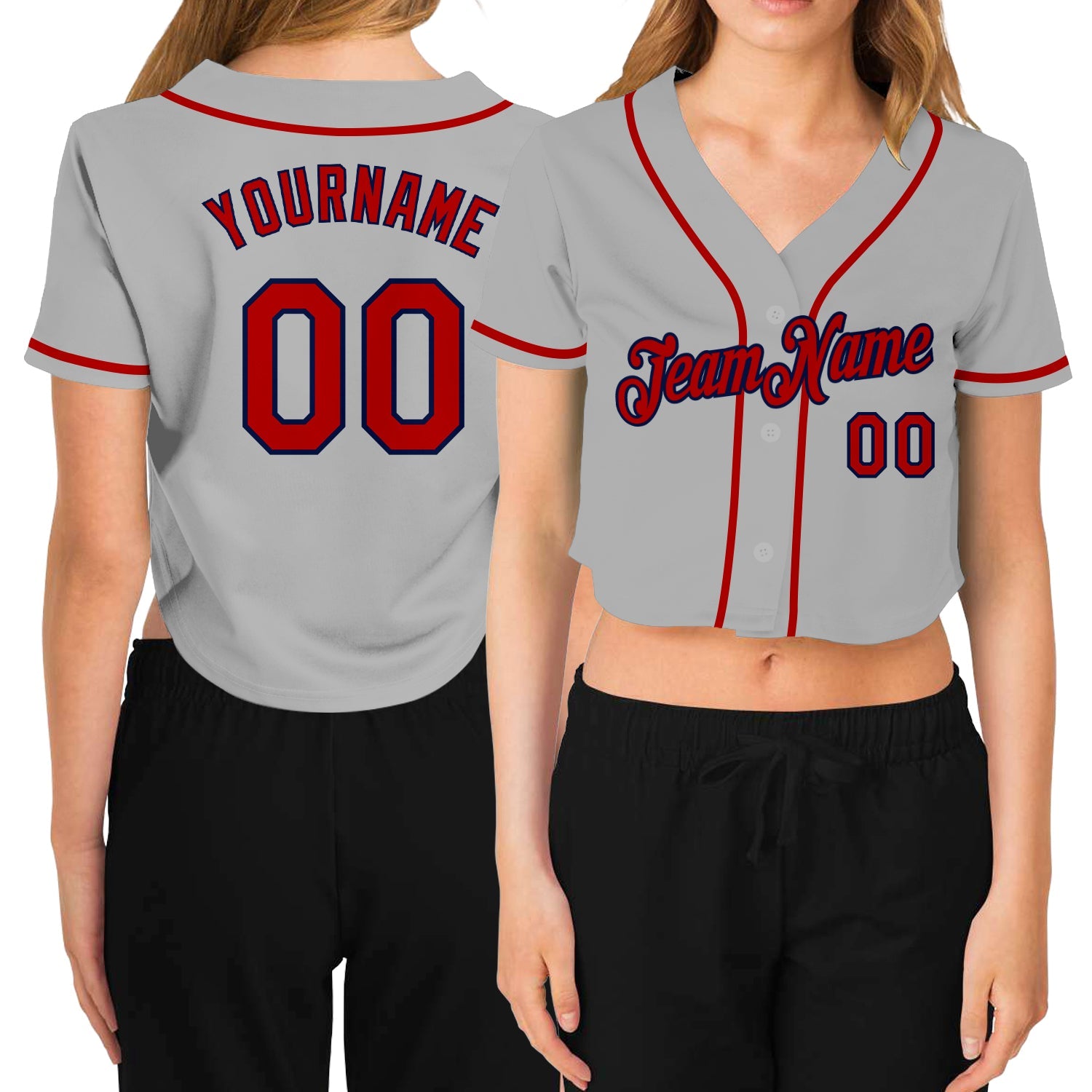 Custom Women's Gray Red-Navy V-Neck Cropped Baseball Jersey