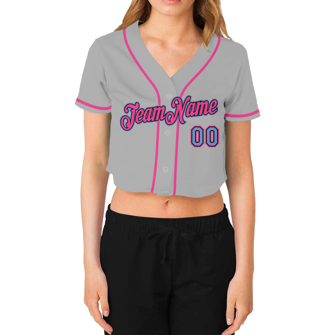 Custom Women's Gray Light Blue Black-Pink V-Neck Cropped Baseball Jersey