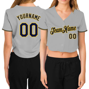 Custom Women's Gray Navy-Gold V-Neck Cropped Baseball Jersey