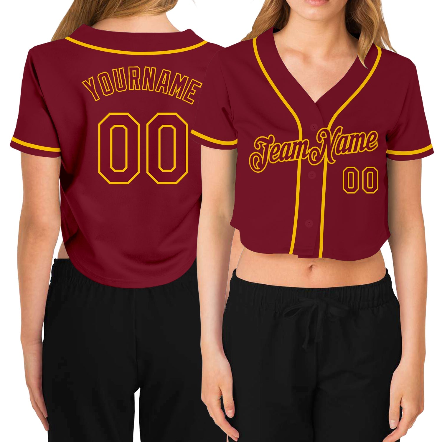 Custom Women's Crimson Crimson-Gold V-Neck Cropped Baseball Jersey