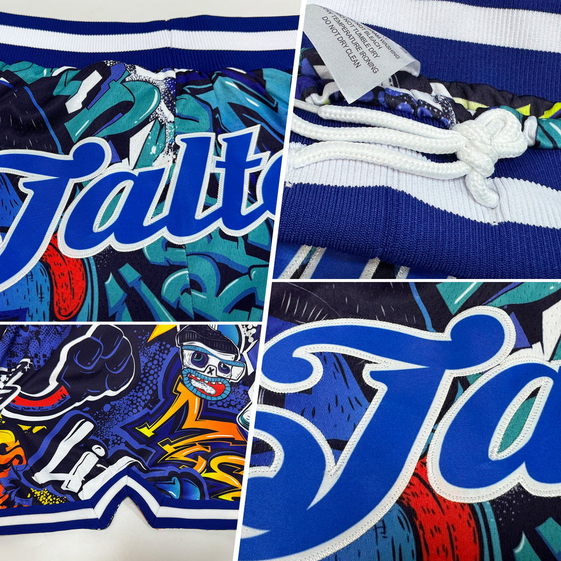 Custom Graffiti Pattern Royal-White 3D Authentic Basketball Shorts