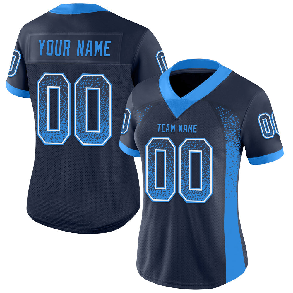 Custom Navy Electric Blue-White Mesh Drift Fashion Football Jersey