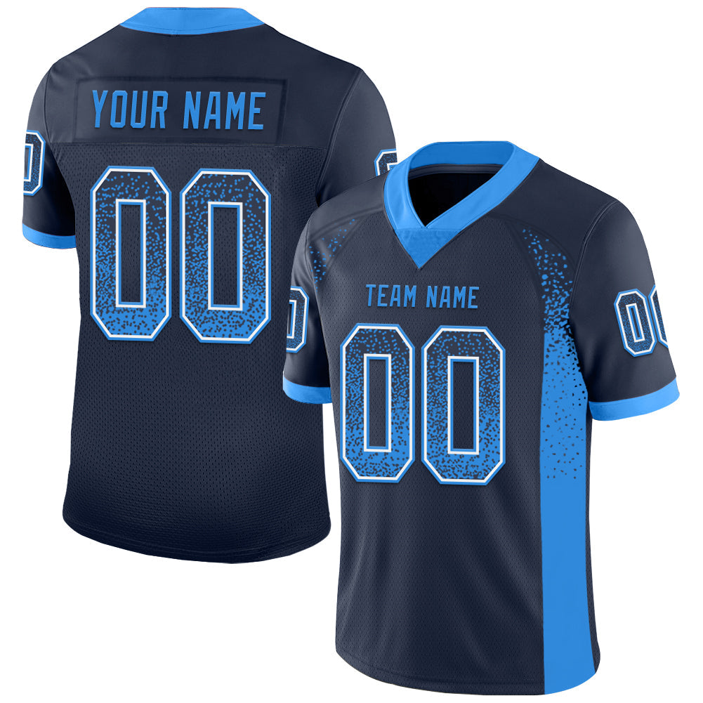 Custom Navy Electric Blue-White Mesh Drift Fashion Football Jersey