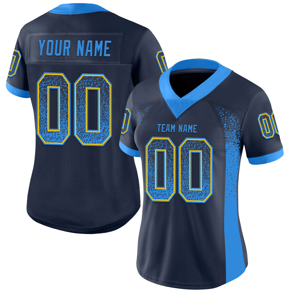 Custom Navy Electric Blue-Yellow Mesh Drift Fashion Football Jersey