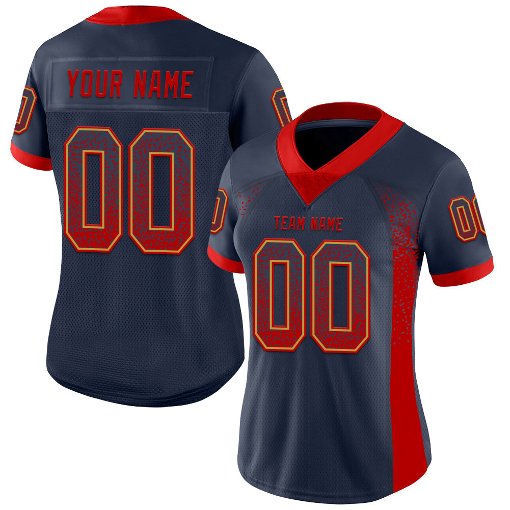 Custom Navy Red-Old Gold Mesh Drift Fashion Football Jersey