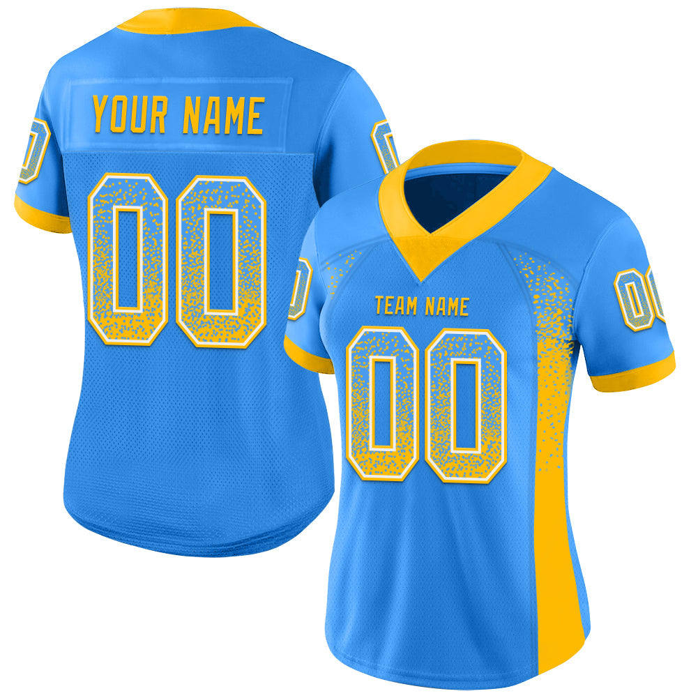 Custom Electric Blue Gold-White Mesh Drift Fashion Football Jersey