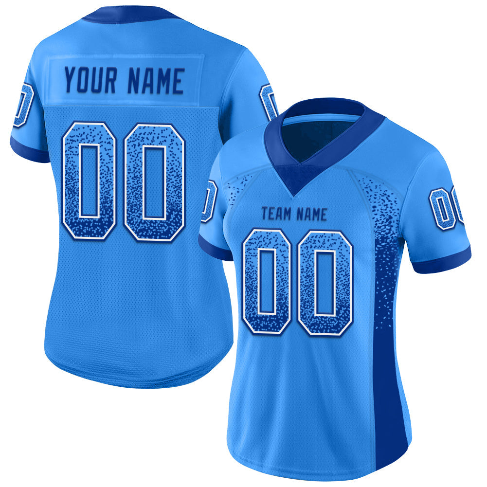 Custom Electric Blue Royal-White Mesh Drift Fashion Football Jersey