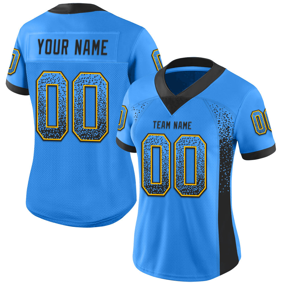 Custom Electric Blue Black-Gold Mesh Drift Fashion Football Jersey