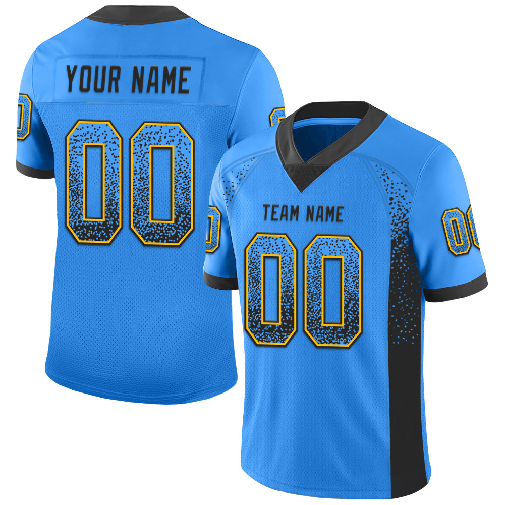 Custom Electric Blue Black-Gold Mesh Drift Fashion Football Jersey