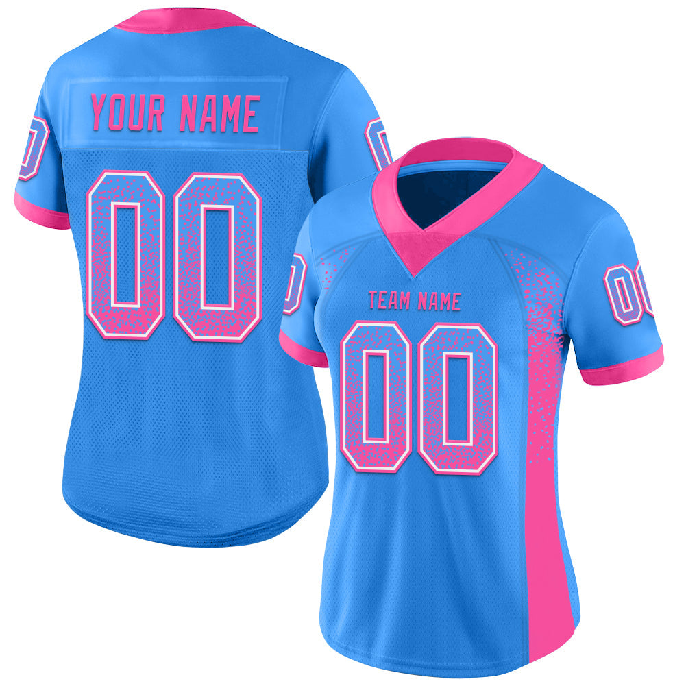 Custom Electric Blue Pink-White Mesh Drift Fashion Football Jersey