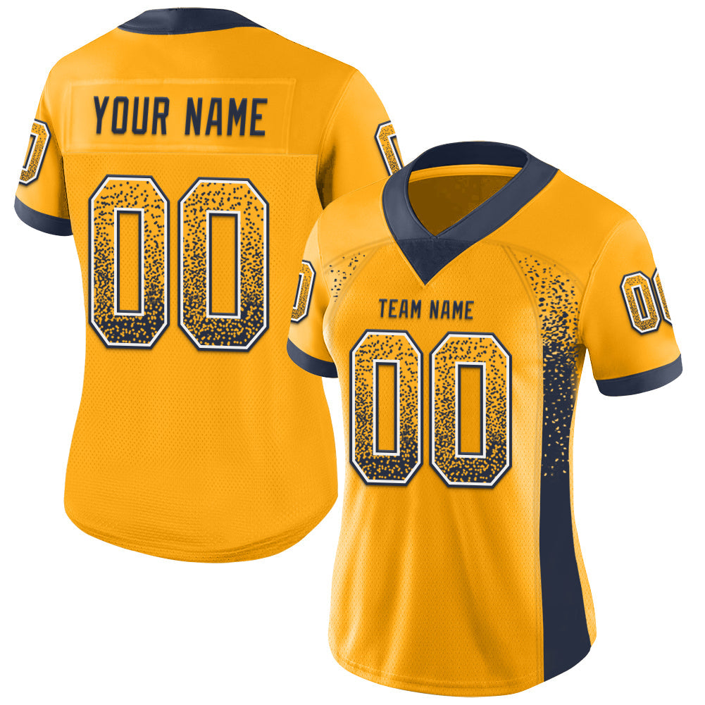 Custom Gold Navy-White Mesh Drift Fashion Football Jersey