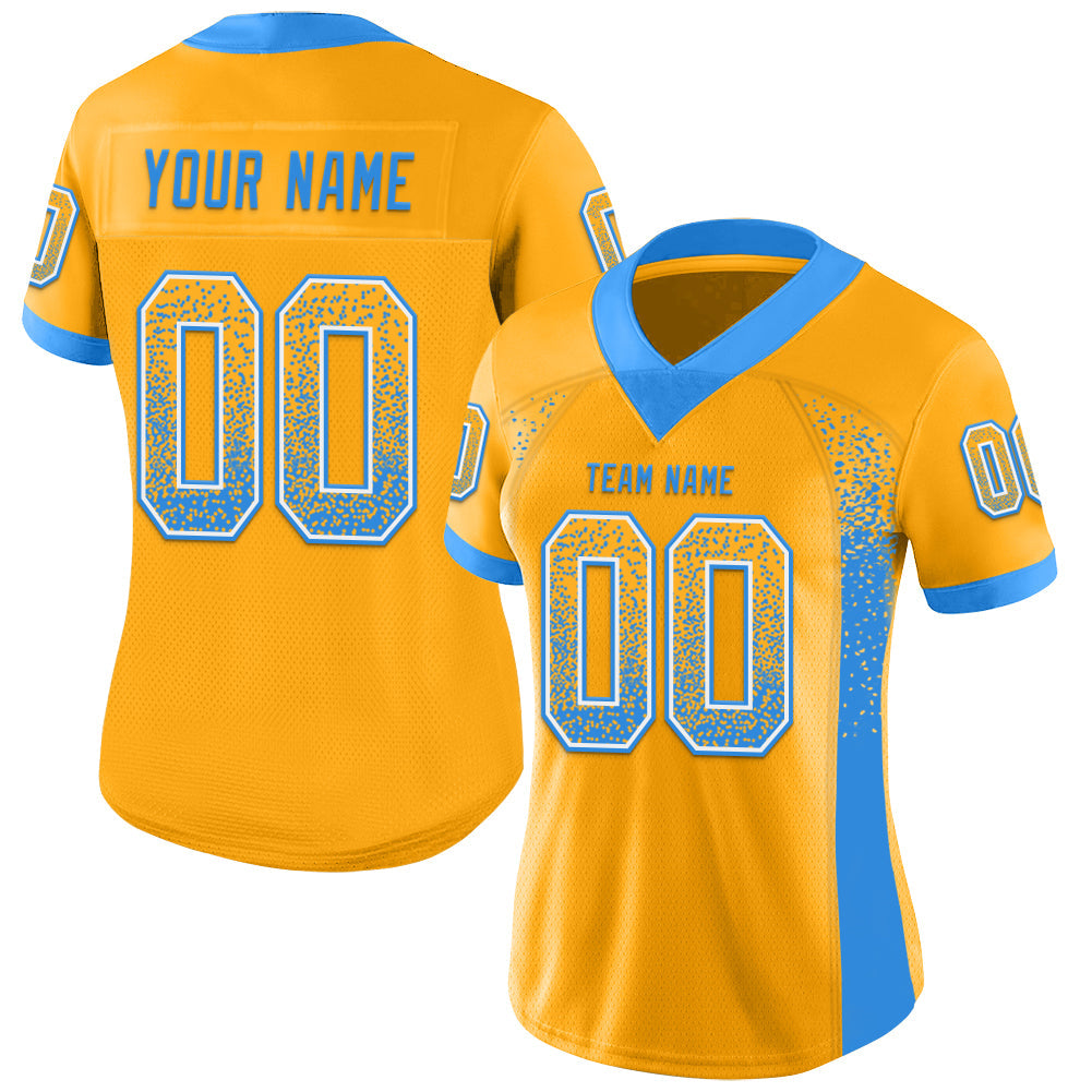 Custom Gold Electric Blue-White Mesh Drift Fashion Football Jersey