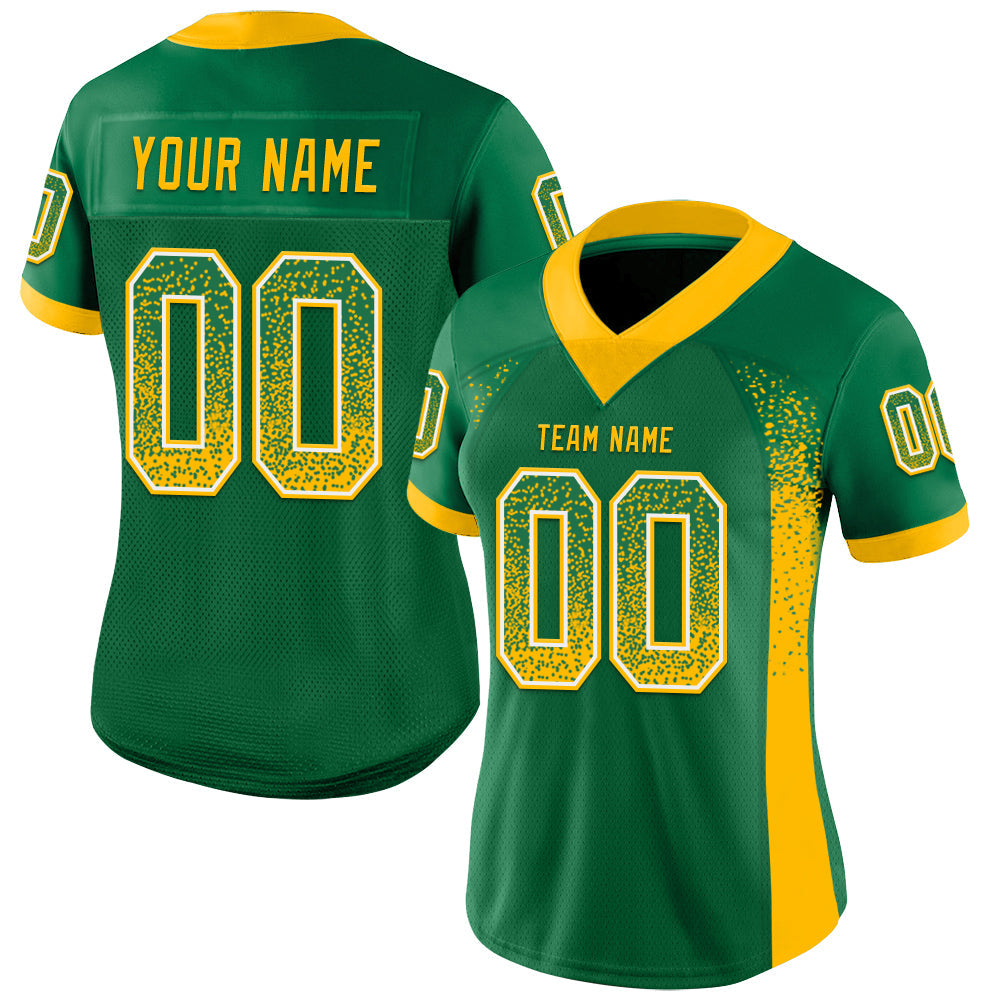 Custom Kelly Green Gold-White Mesh Drift Fashion Football Jersey